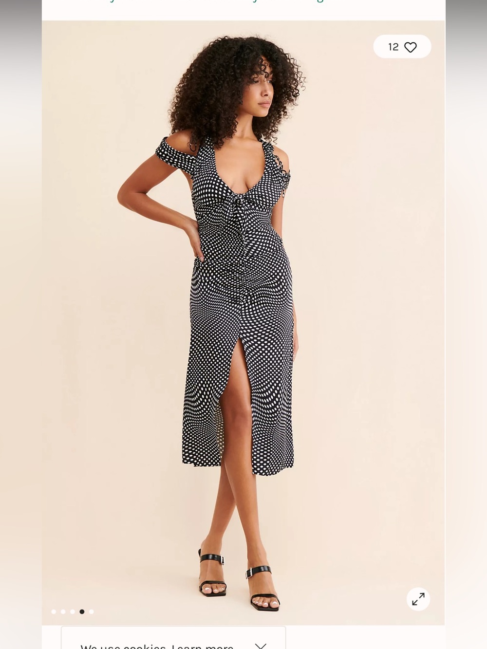 For love and lemons Black Polka Dot Cold-Shoulder Midi Dress with Front Slit